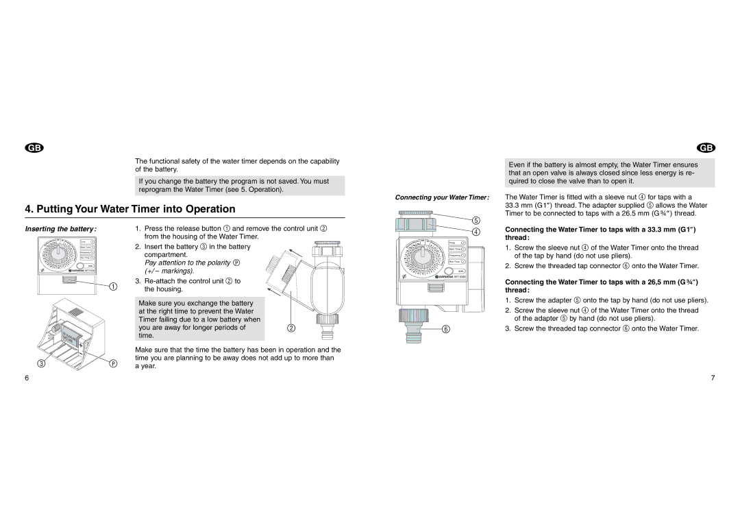 Gardena WT1030 operating instructions Putting Your Water Timer into Operation, Inserting the battery 