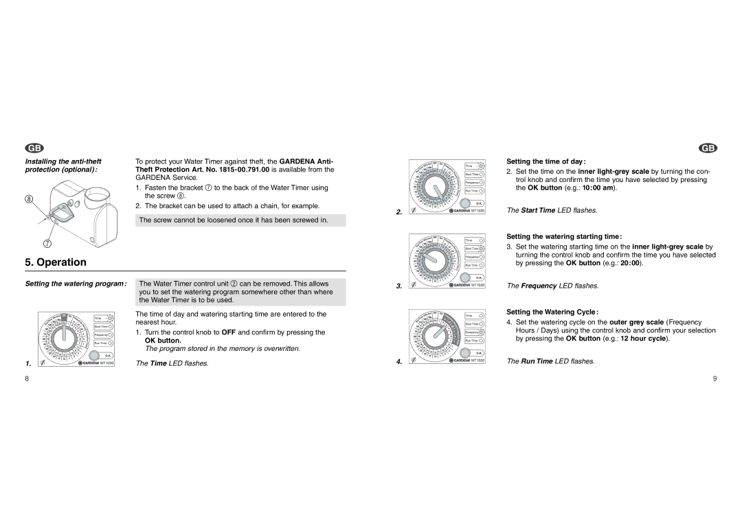 Gardena WT1030 operating instructions Operation, Time LED flashes Run Time LED flashes 