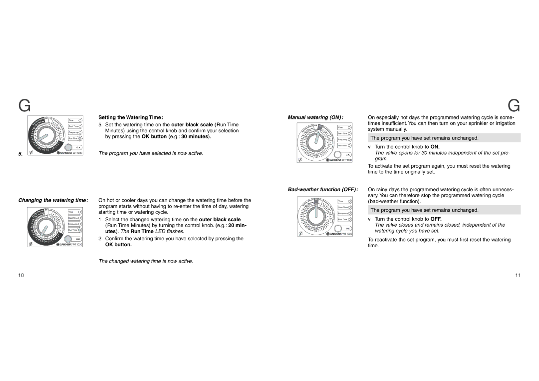 Gardena WT1030 operating instructions Changing the watering time, Setting the Watering Time 