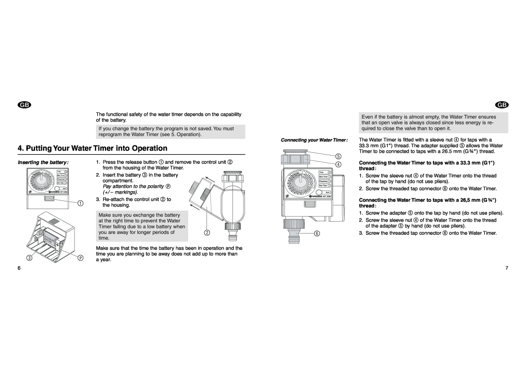 Gardena WT1030 operating instructions Putting Your Water Timer into Operation, Inserting the battery 
