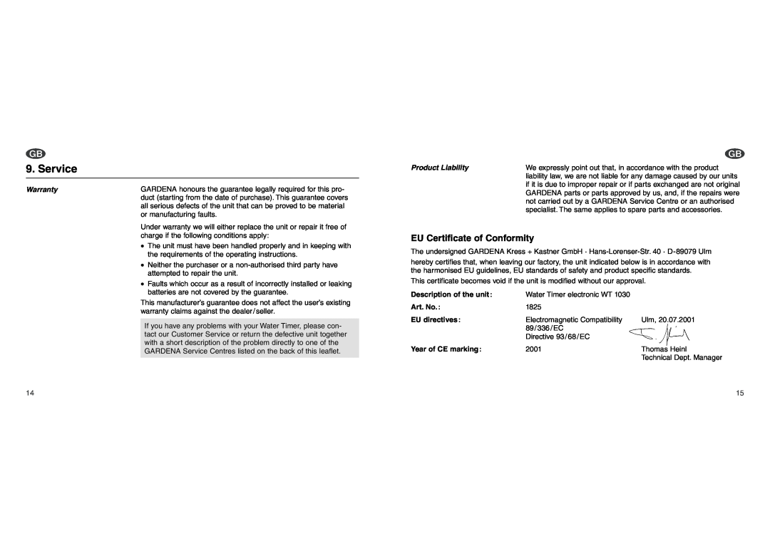 Gardena WT1030 Service, Warranty, Product Liability, Description of the unit, Art. No, EU directives, Year of CE marking 