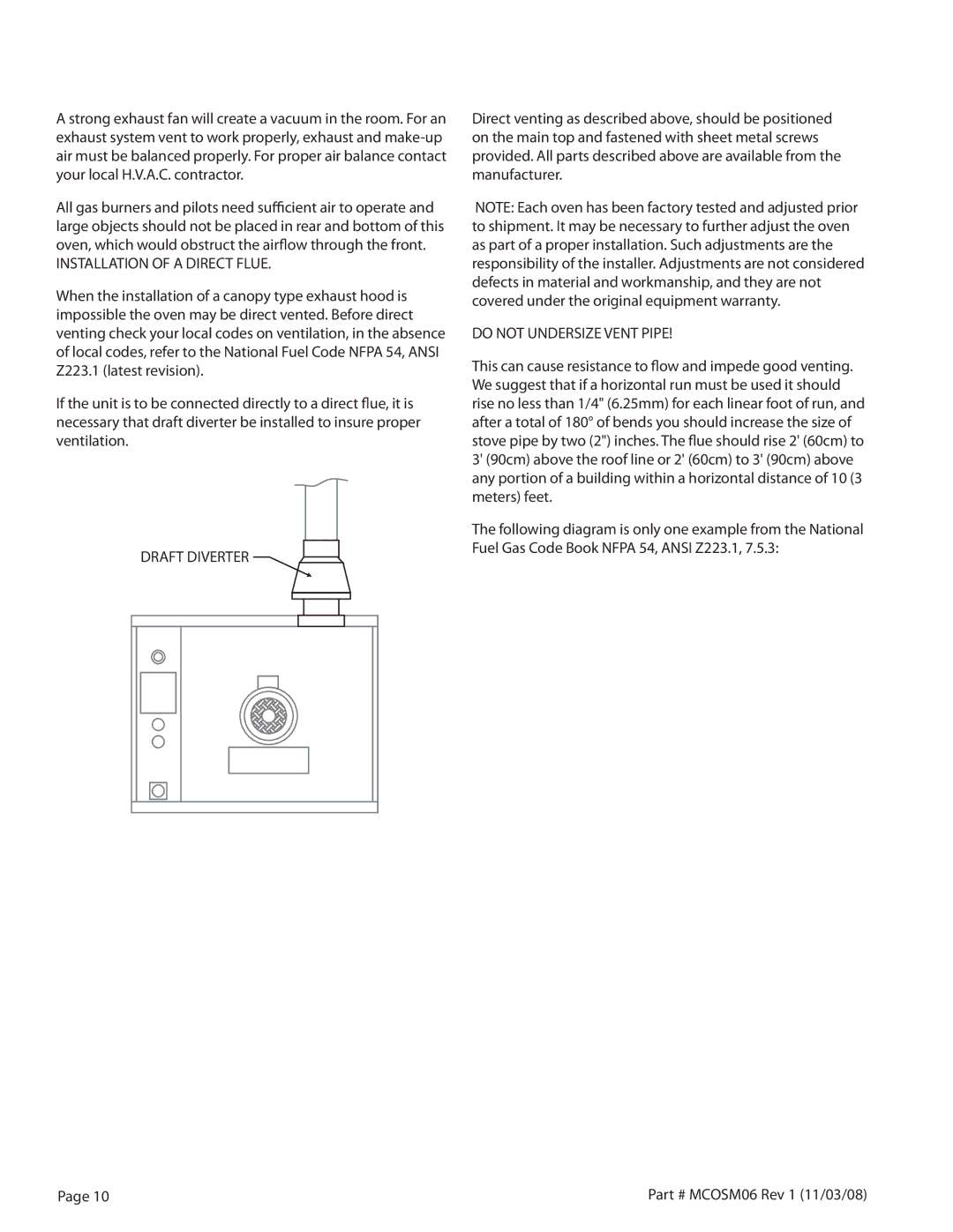 Garland 200 service manual Installation of a Direct Flue 