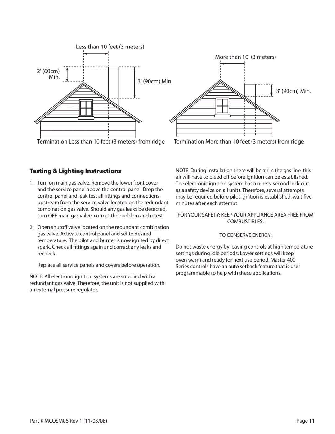 Garland 200 service manual Testing & Lighting Instructions, Termination More than 10 feet 3 meters from ridge 