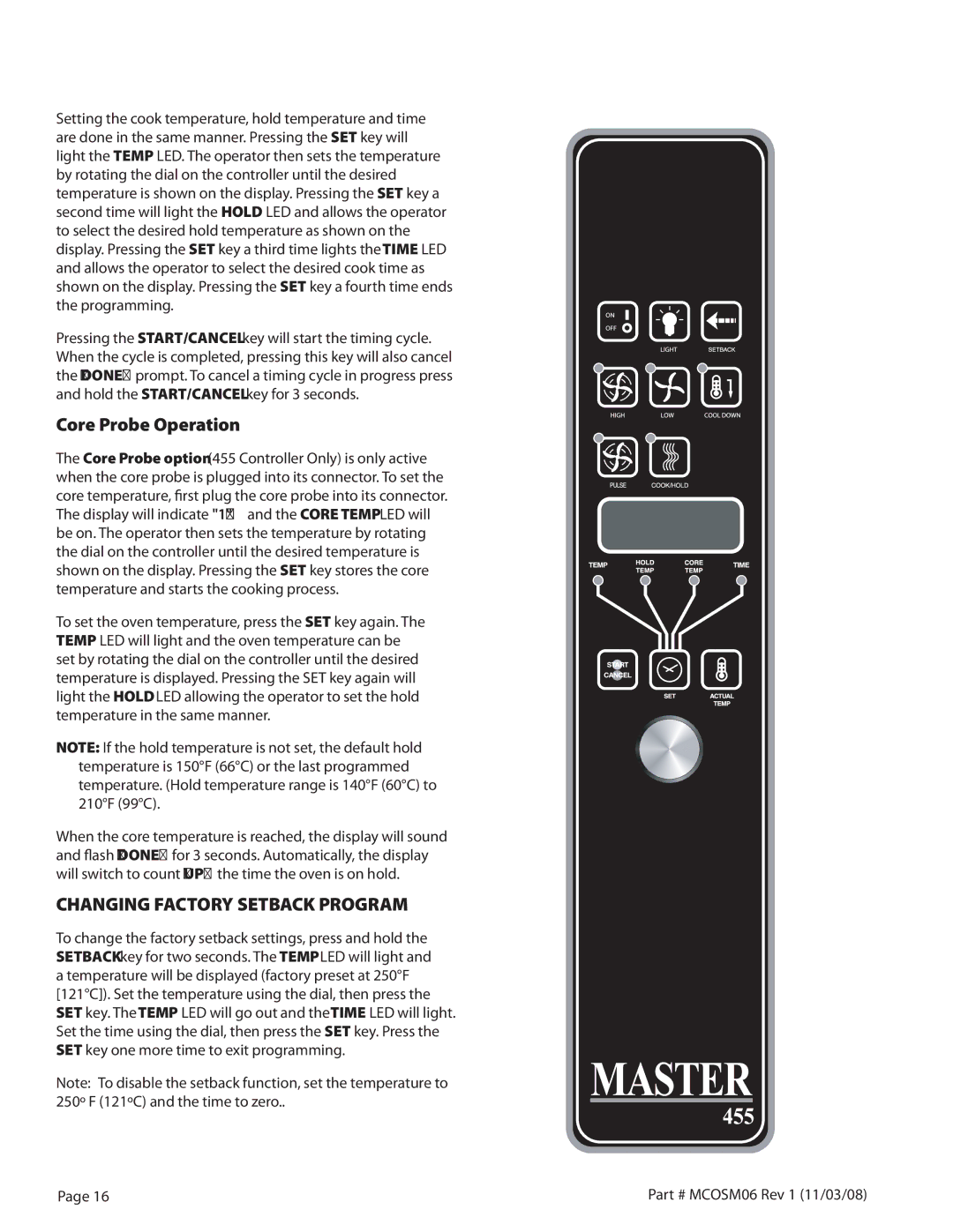 Garland 200 service manual Core Probe Operation, Changing Factory Setback Program 