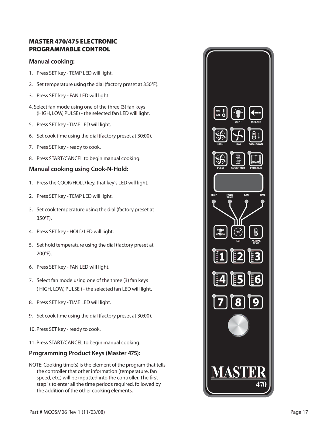 Garland 200 service manual Manual cooking using Cook-N-Hold, Programming Product Keys Master 