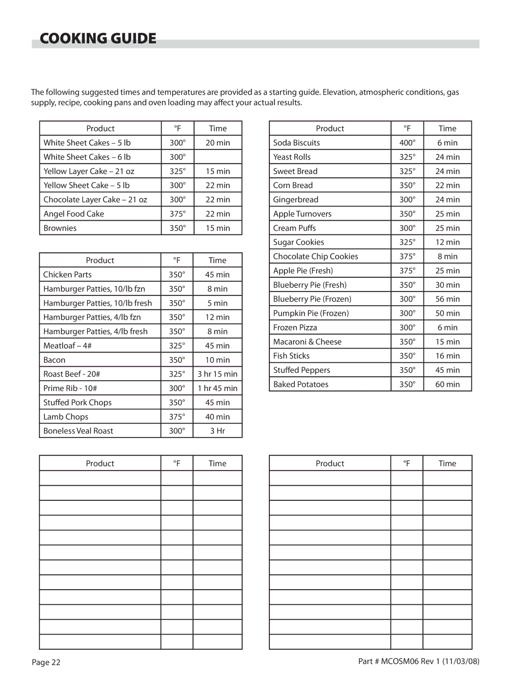 Garland 200 service manual Cooking Guide 