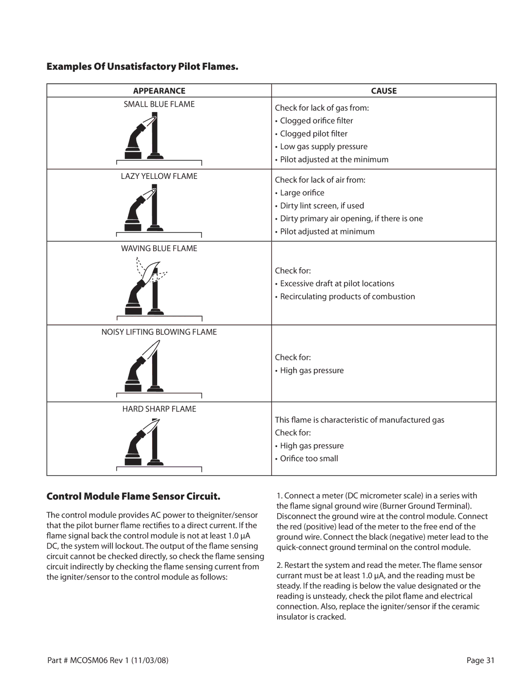 Garland 200 service manual Examples Of Unsatisfactory Pilot Flames, Control Module Flame Sensor Circuit 