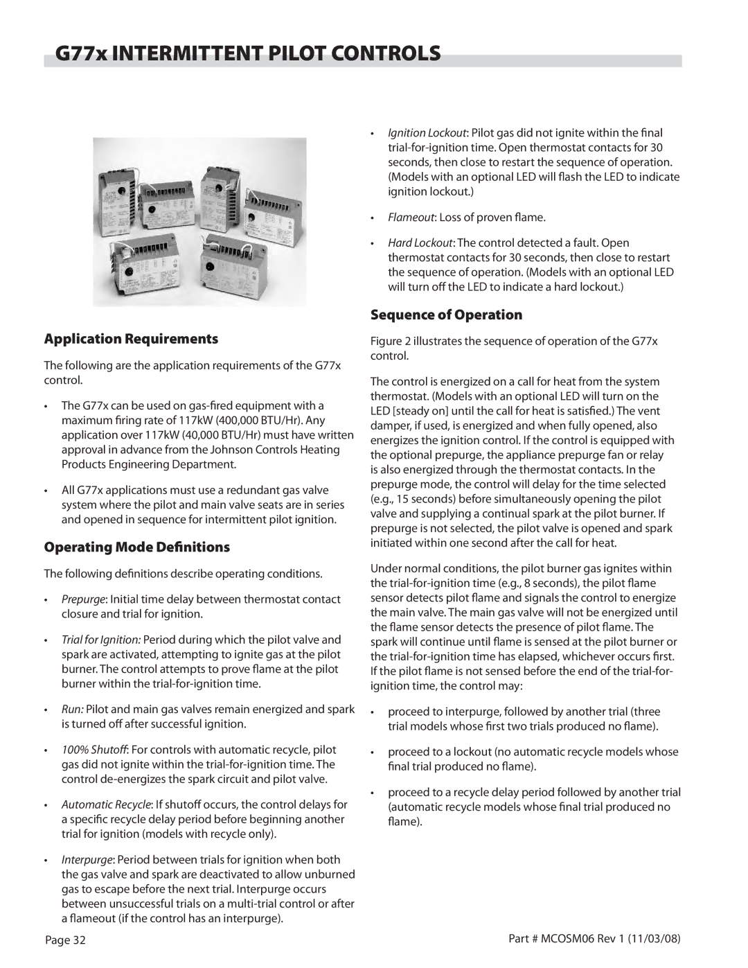 Garland 200 service manual Application Requirements, Operating Mode Definitions, Sequence of Operation 