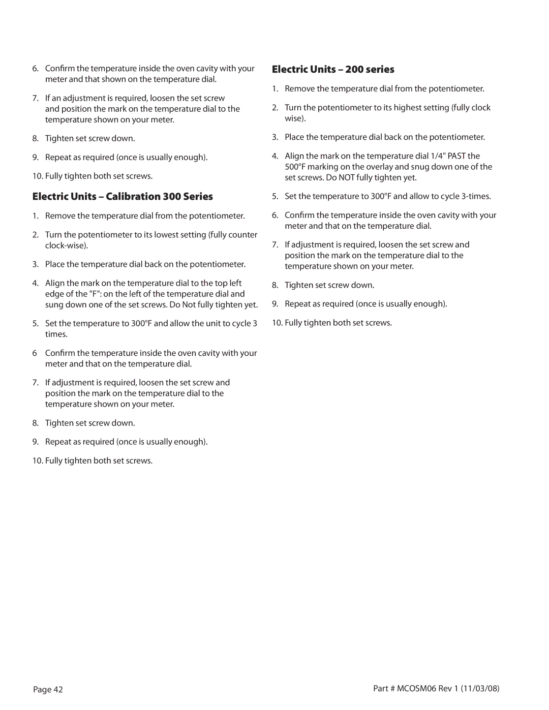 Garland service manual Electric Units Calibration 300 Series, Electric Units 200 series 