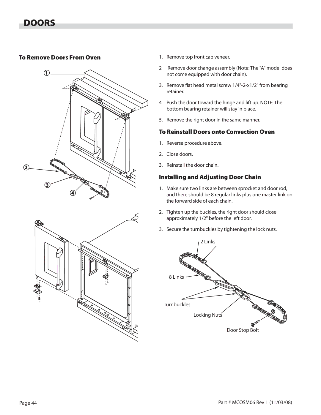 Garland 200 To Remove Doors From Oven, To Reinstall Doors onto Convection Oven, Installing and Adjusting Door Chain 