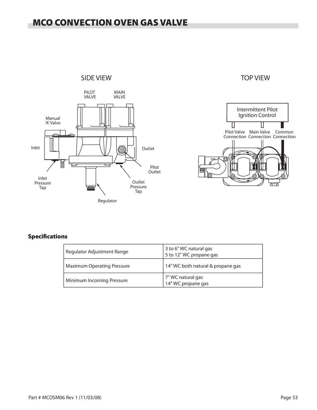 Garland 200 service manual MCO Convection Oven GAS Valve, Specifications 