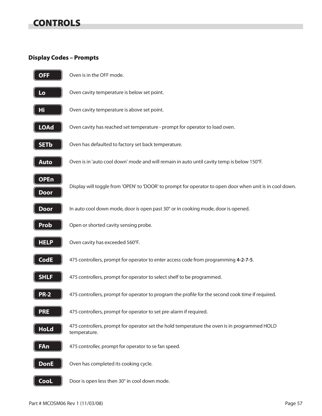 Garland 200 service manual Controls, Display Codes Prompts 