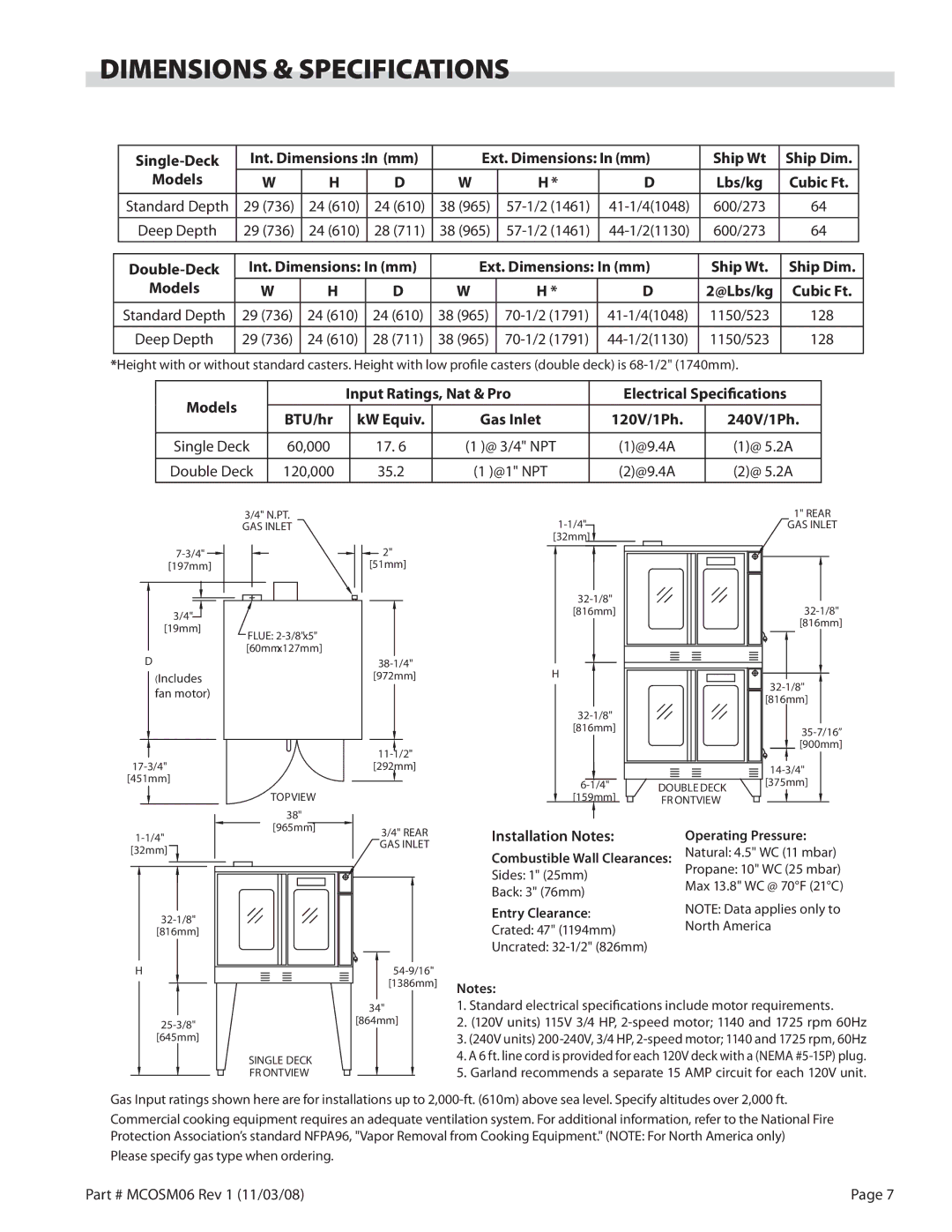 Garland 200 service manual Dimensions & Specifications, Cubic Ft 