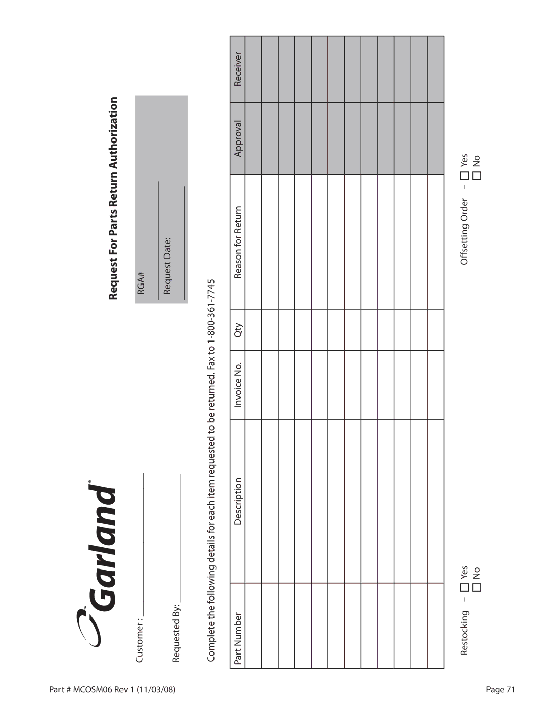 Garland 200 service manual Request For Parts Return Authorization 