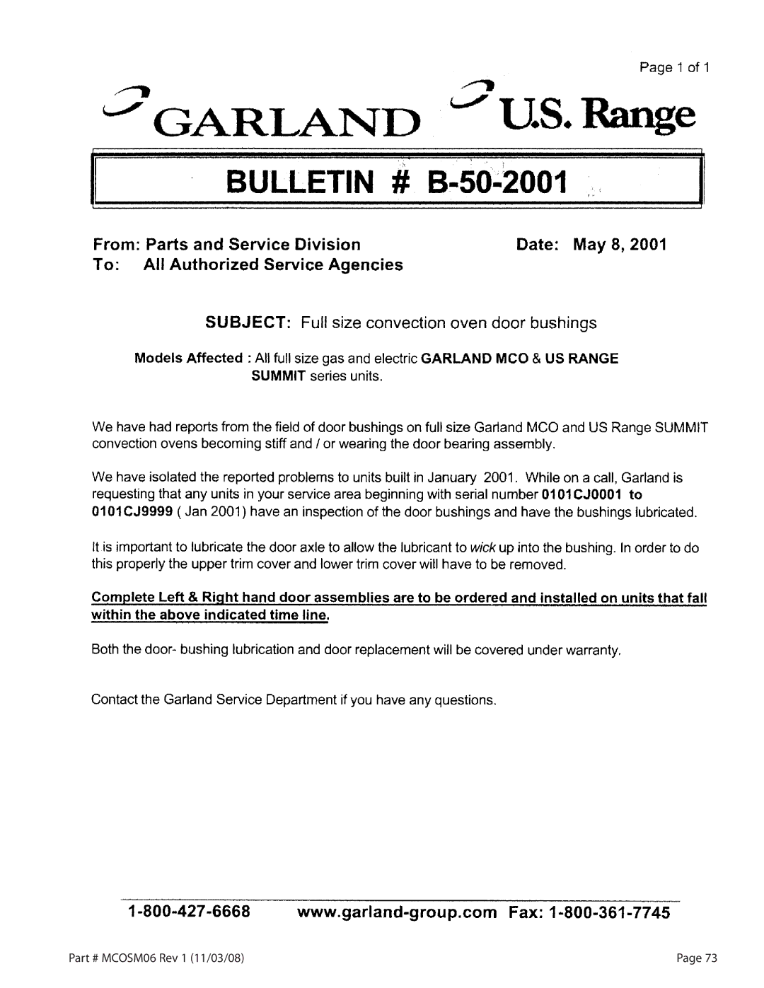 Garland 200 service manual MCOSM06 Rev 1 11/03/08 