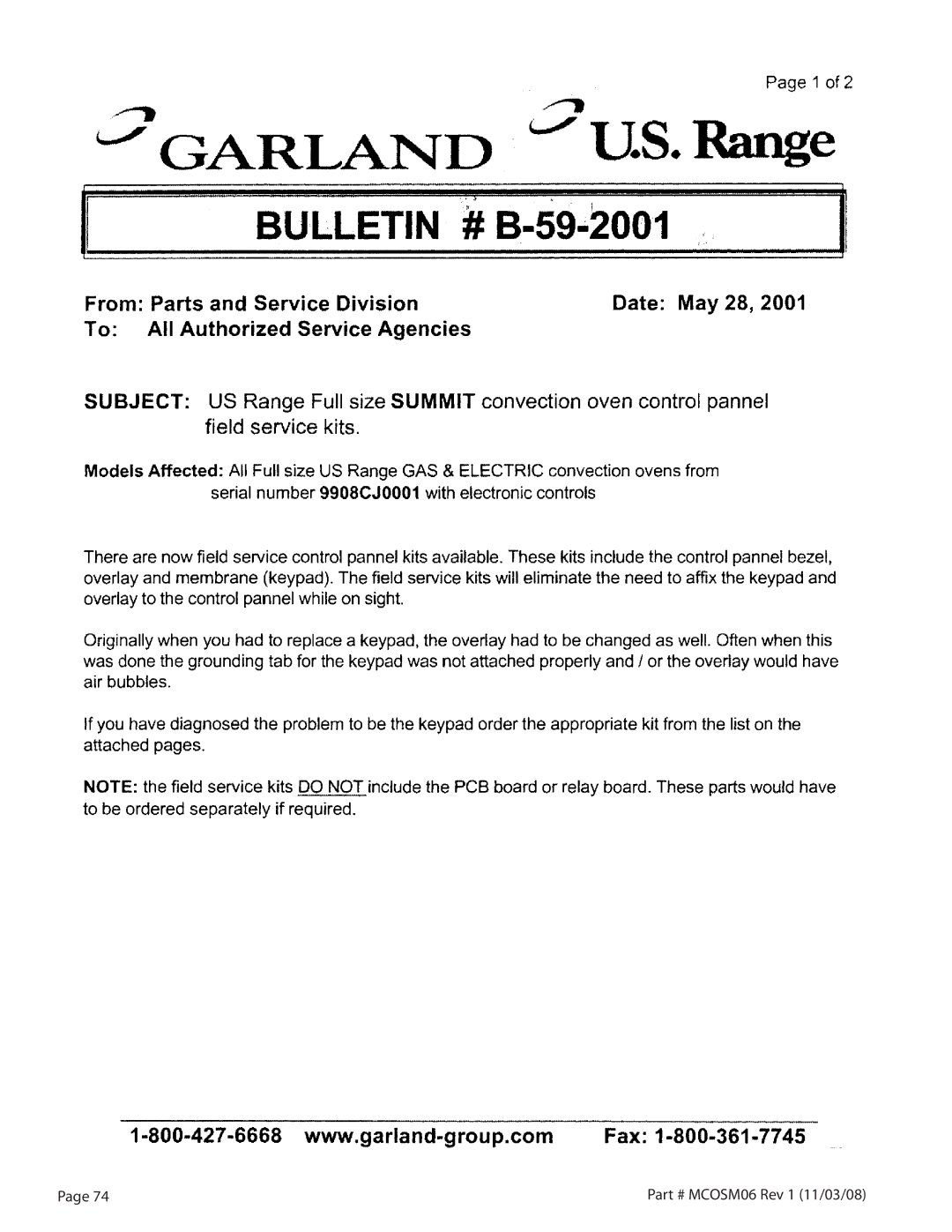 Garland 200 service manual MCOSM06 Rev 1 11/03/08 