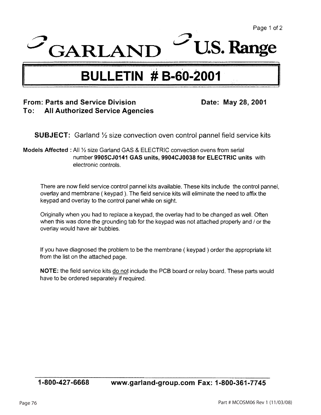 Garland 200 service manual MCOSM06 Rev 1 11/03/08 