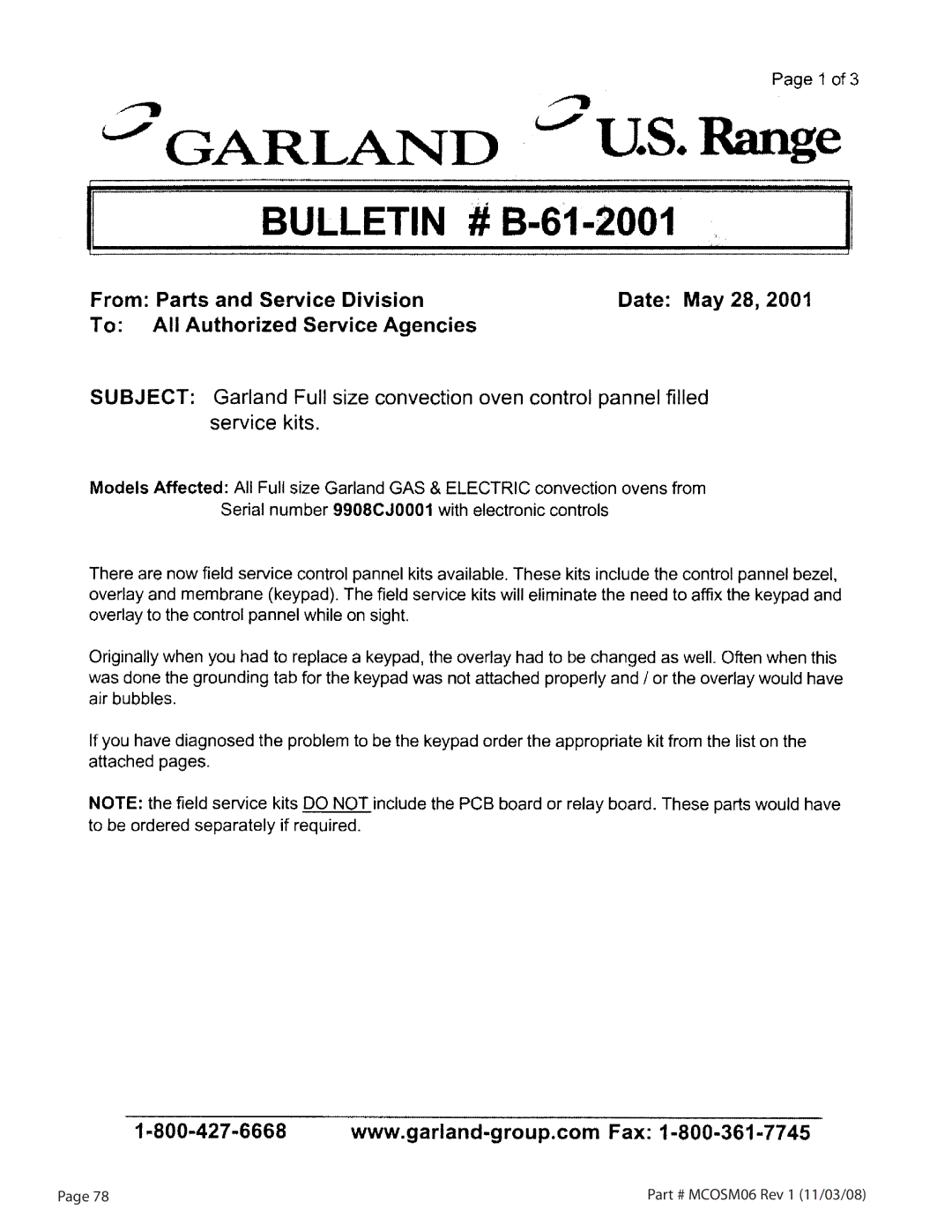 Garland 200 service manual MCOSM06 Rev 1 11/03/08 