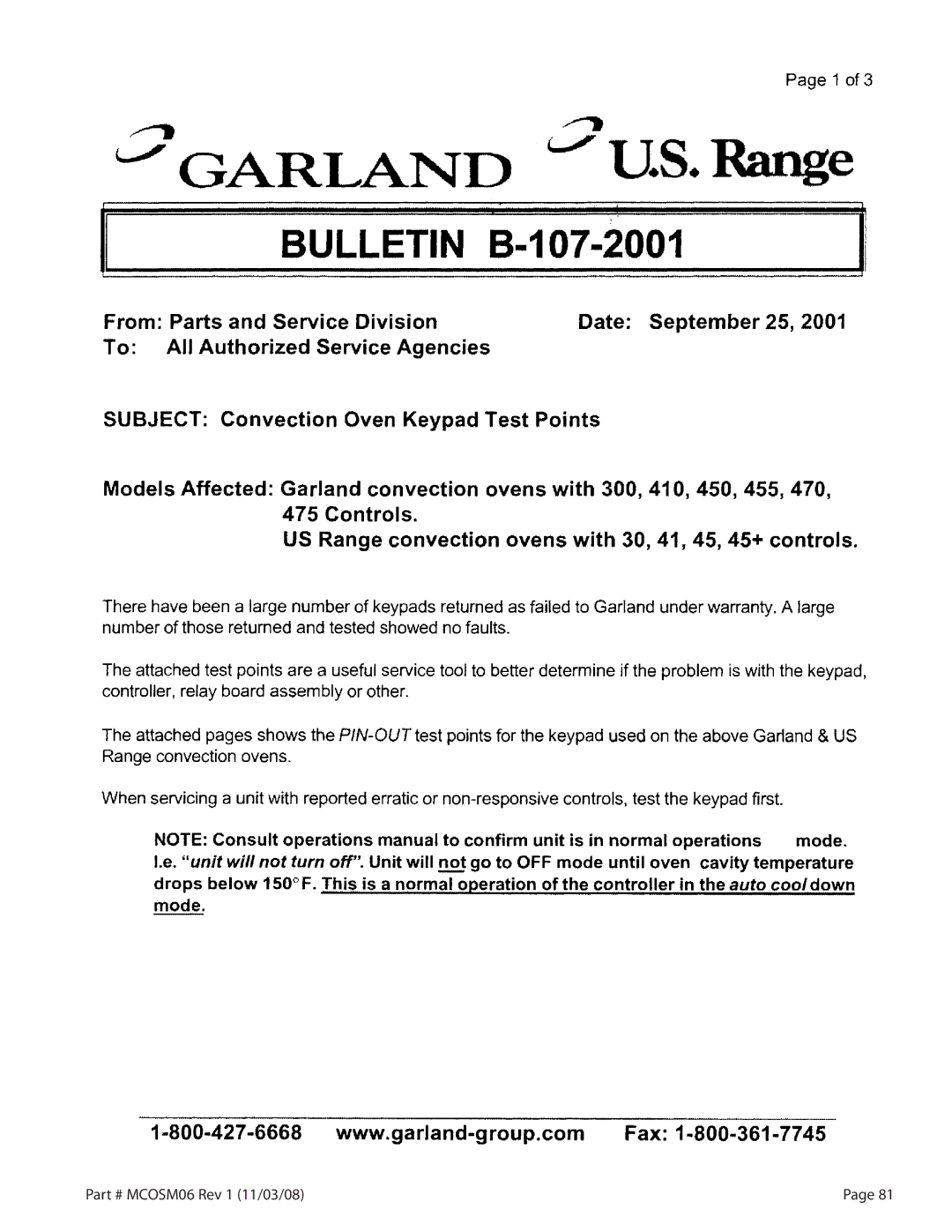 Garland 200 service manual MCOSM06 Rev 1 11/03/08 