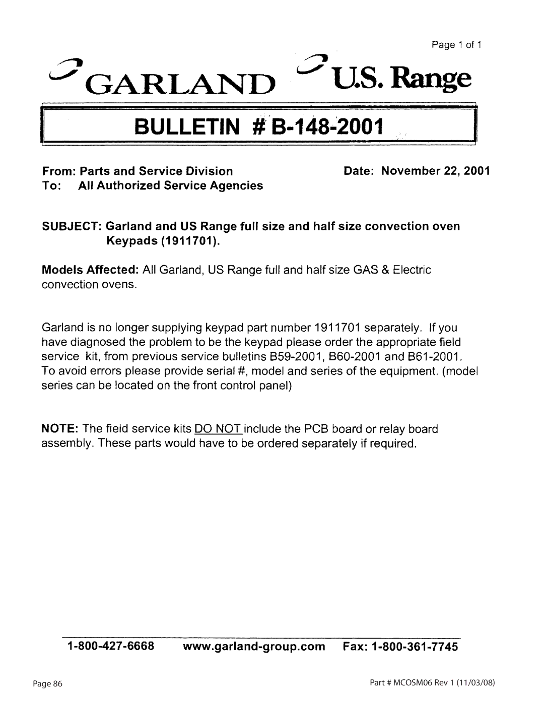 Garland 200 service manual MCOSM06 Rev 1 11/03/08 