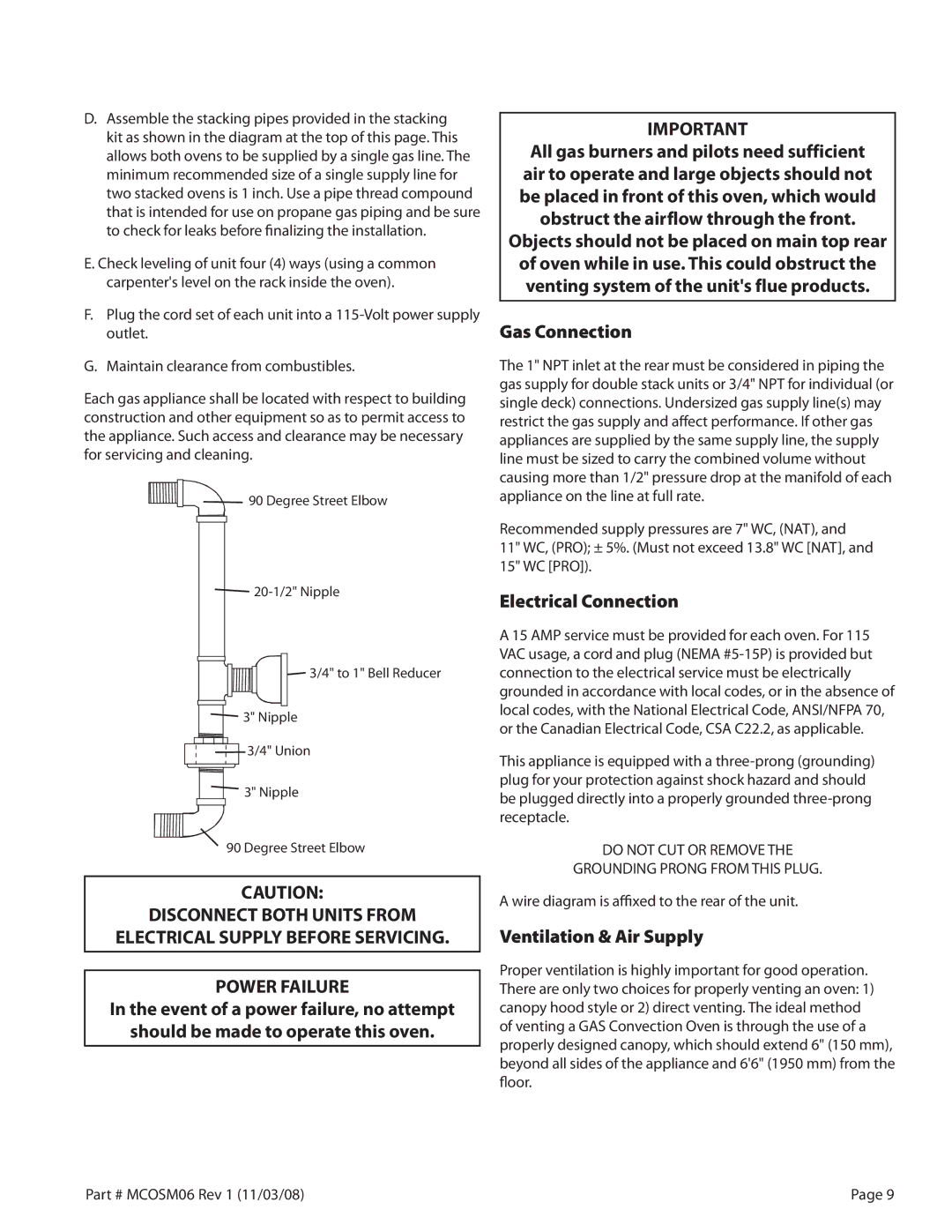 Garland 200 service manual Gas Connection, Electrical Connection, Ventilation & Air Supply 