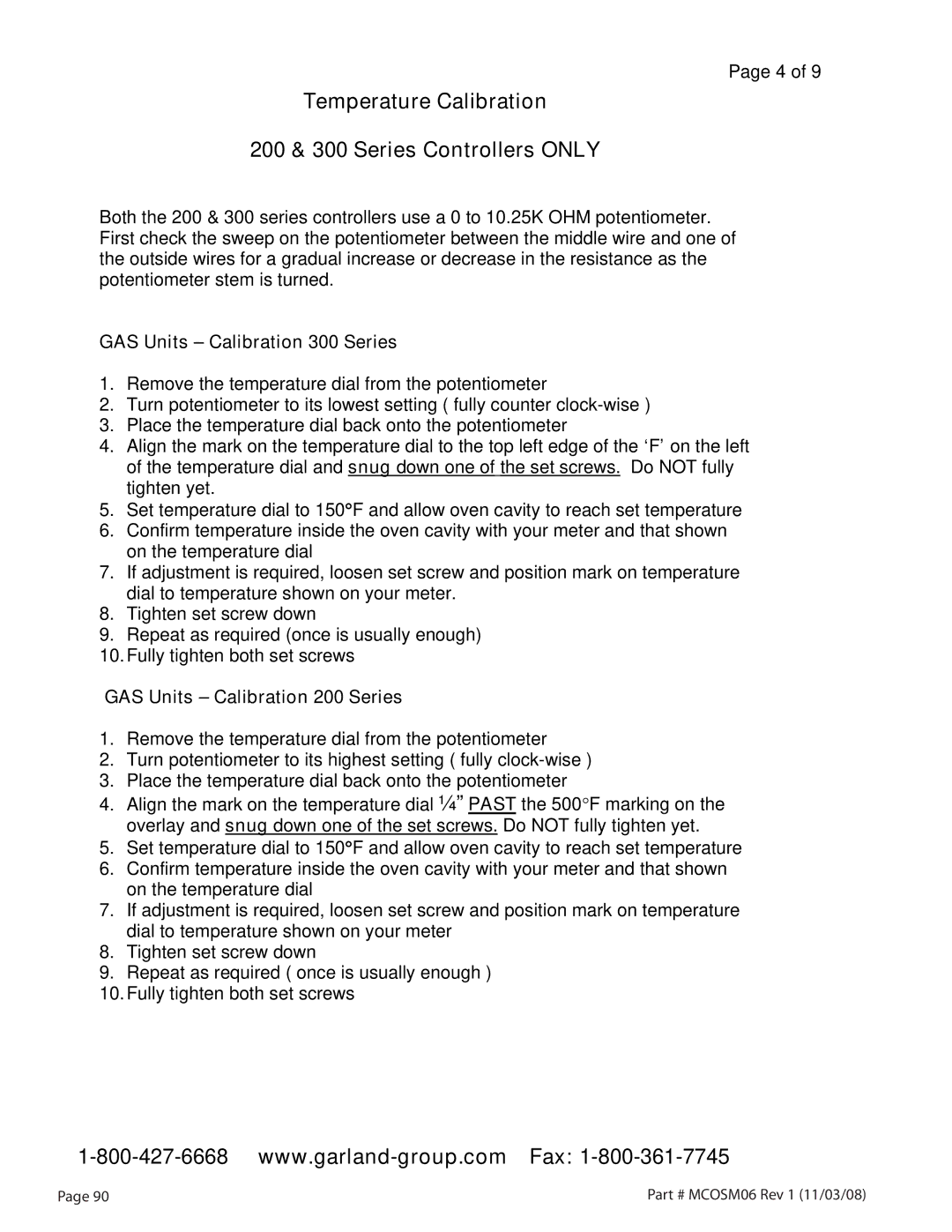 Garland service manual Temperature Calibration 200 & 300 Series Controllers only 