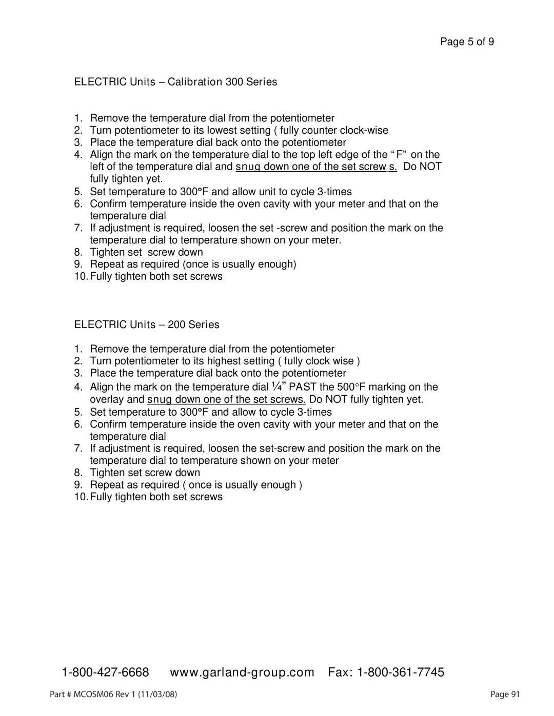 Garland 200 service manual Electric Units Calibration 300 Series 