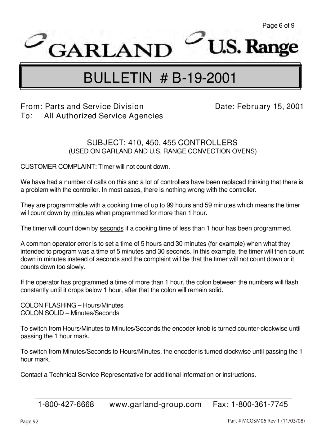 Garland service manual Bulletin # B-19-2001 