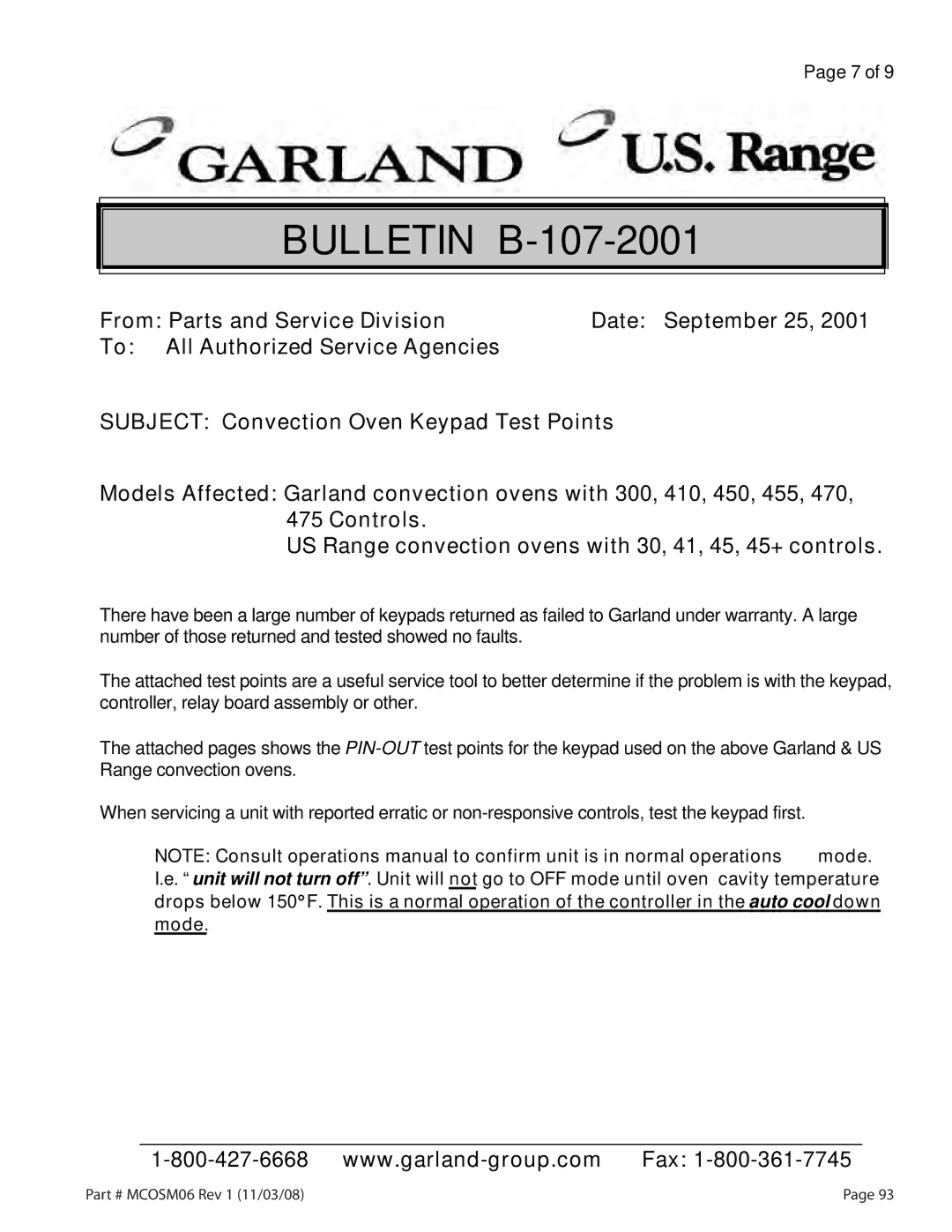 Garland service manual Bulletin B-107-2001 