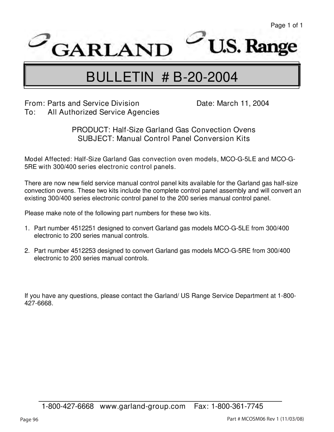 Garland service manual Bulletin # B-20-2004 