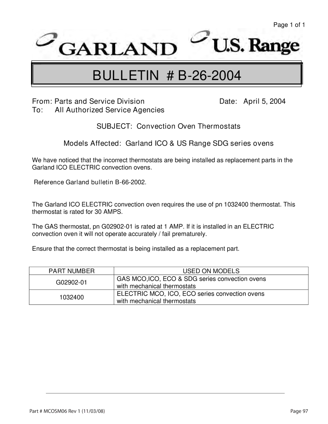 Garland service manual Bulletin # B-26-2004, Reference Garland bulletin B-66-2002 