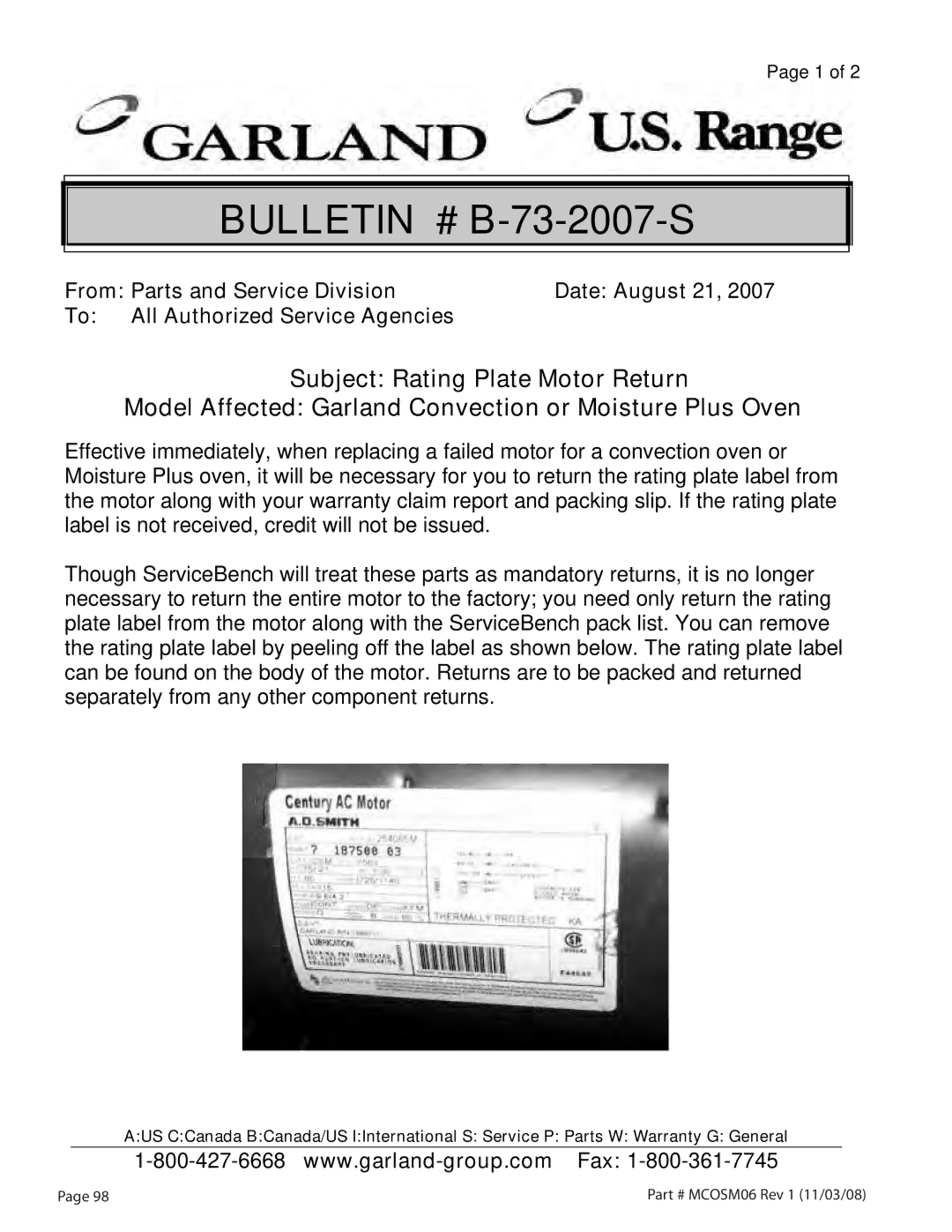 Garland service manual Bulletin # B-73-2007-S 