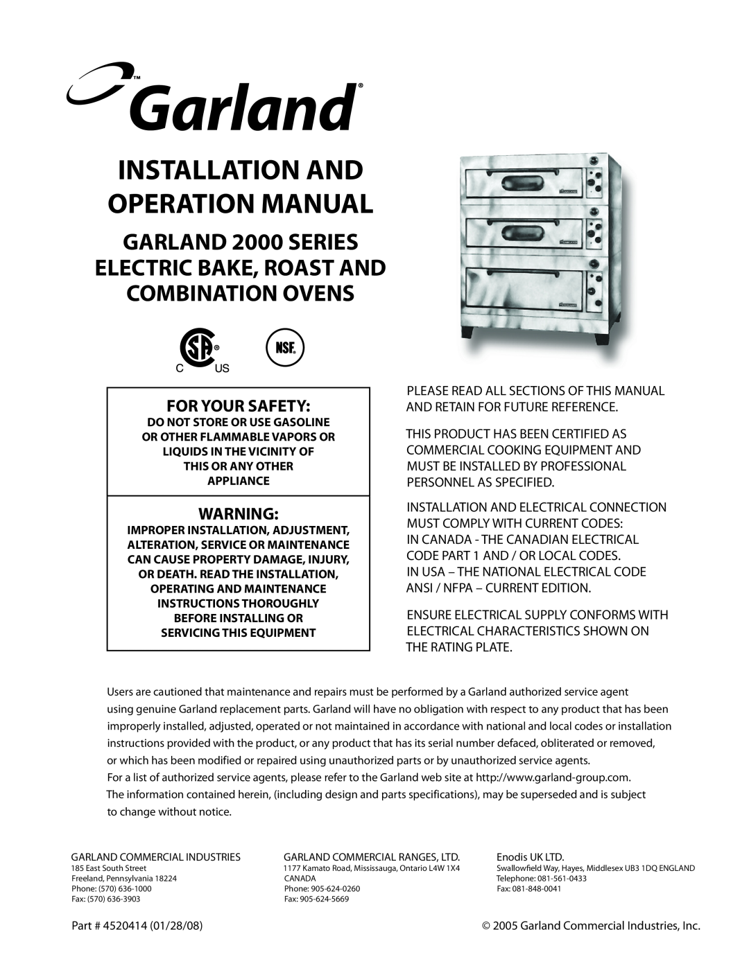 Garland operation manual For Your Safety, GARLAND 2000 SERIES ELECTRIC BAKE, ROAST AND, Combination Ovens 
