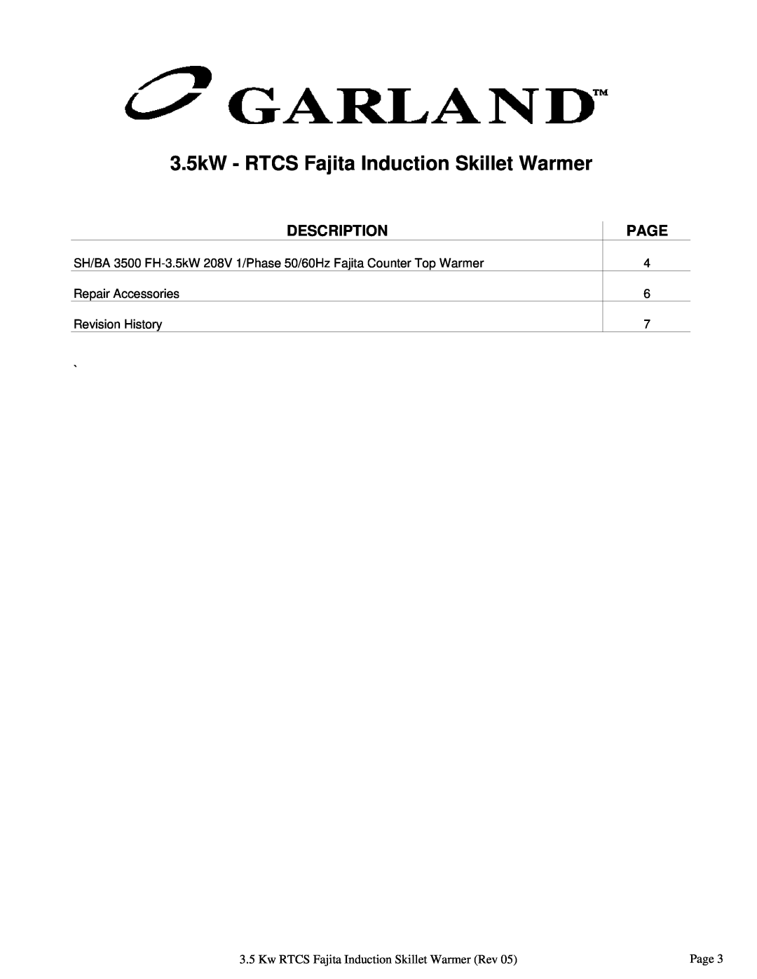 Garland 3.5 KW Description, Page, 3.5kW - RTCS Fajita Induction Skillet Warmer, Repair Accessories Revision History ` 