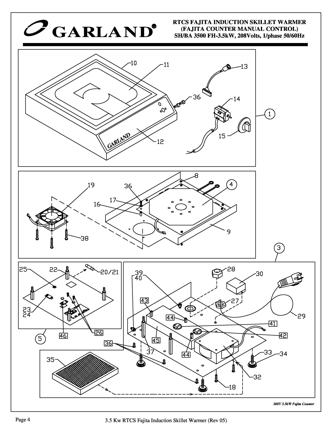 Garland 3.5 KW manual Rtcs Fajita Induction Skillet Warmer, Fajita Counter Manual Control, Page, 208V 3.5kW Fajita Counter 