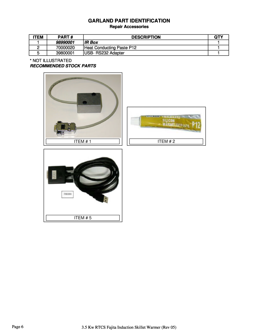 Garland 3.5 KW manual Garland Part Identification, Repair Accessories, Part #, Description, 98990001, IR Box 