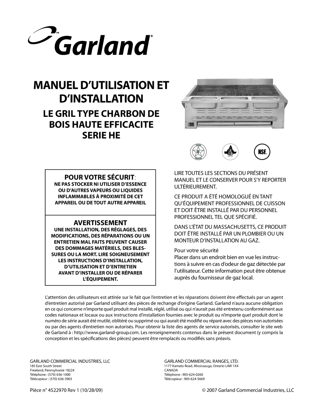 Garland 4522970 REV 1 operation manual Manuel D’UTILISATION ET ’INSTALLATION, Avant D’INSTALLER OU DE Réparer ’ÉQUIPEMENT 