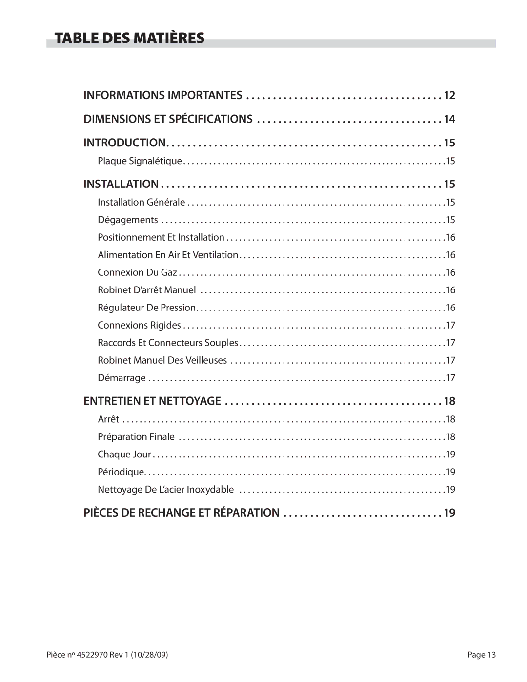 Garland 4522970 REV 1 operation manual Table DES Matières, Installation 