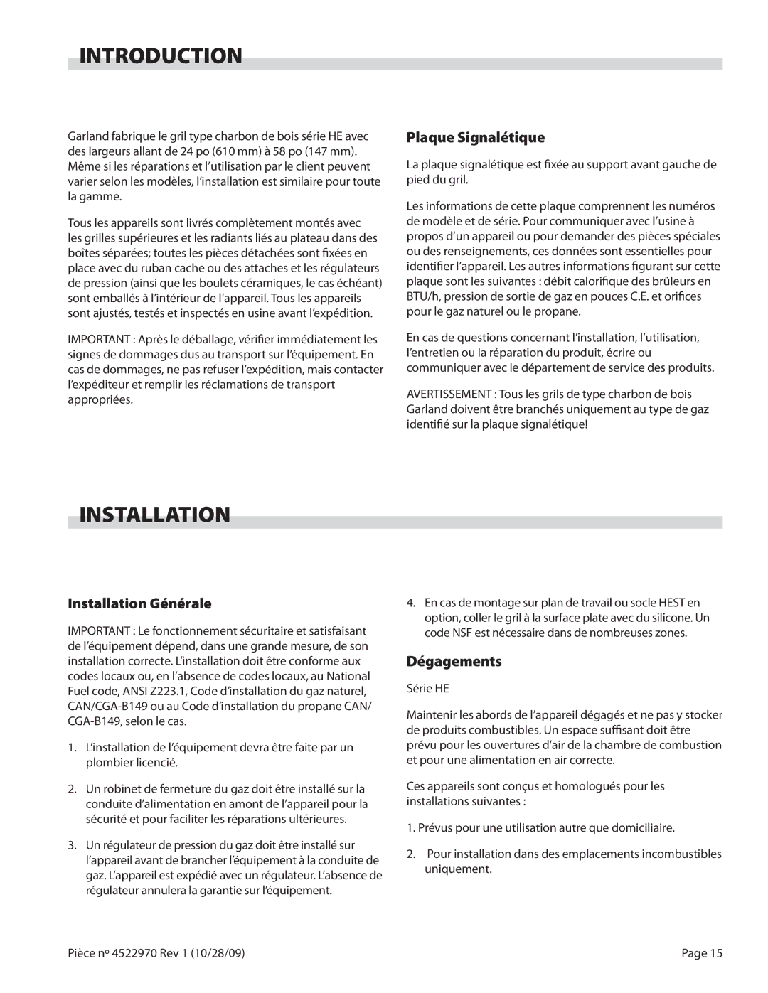 Garland 4522970 REV 1 operation manual Plaque Signalétique, Installation Générale, Dégagements 
