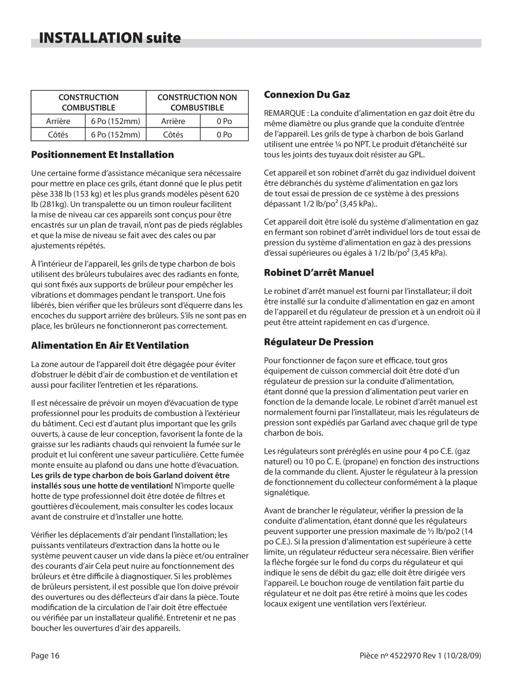 Garland 4522970 REV 1 operation manual Positionnement Et Installation, Alimentation En Air Et Ventilation, Connexion Du Gaz 