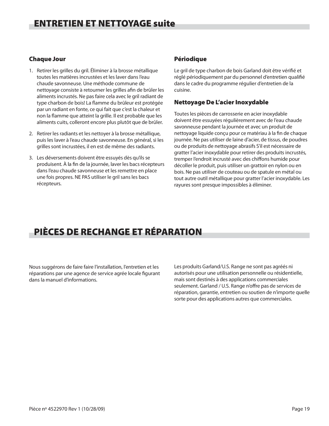 Garland 4522970 REV 1 Pièces DE Rechange ET Réparation, Chaque Jour, Périodique, Nettoyage De L’acier Inoxydable 