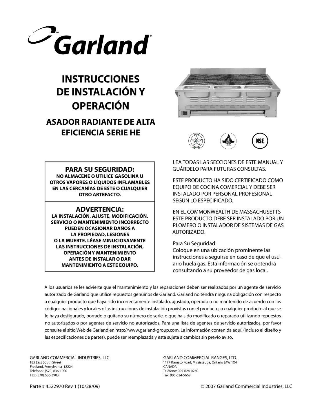 Garland 4522970 REV 1 operation manual Instrucciones DE Instalación Y Operación, LA PROPIEDAD, Lesiones 