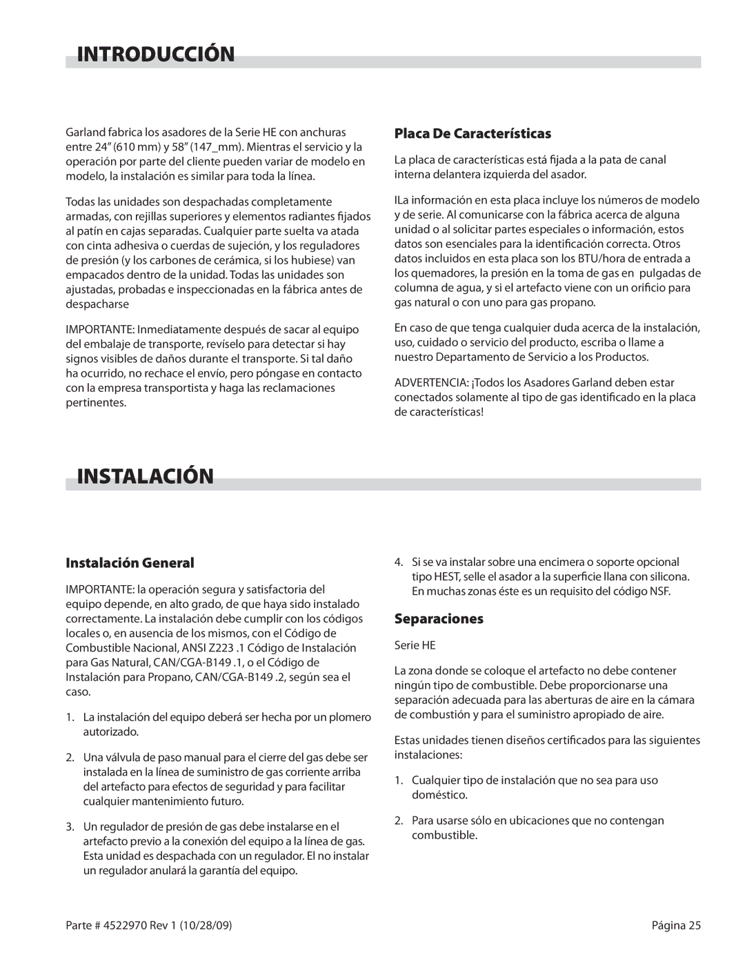 Garland 4522970 REV 1 operation manual Introducción, Placa De Características, Instalación General, Separaciones 