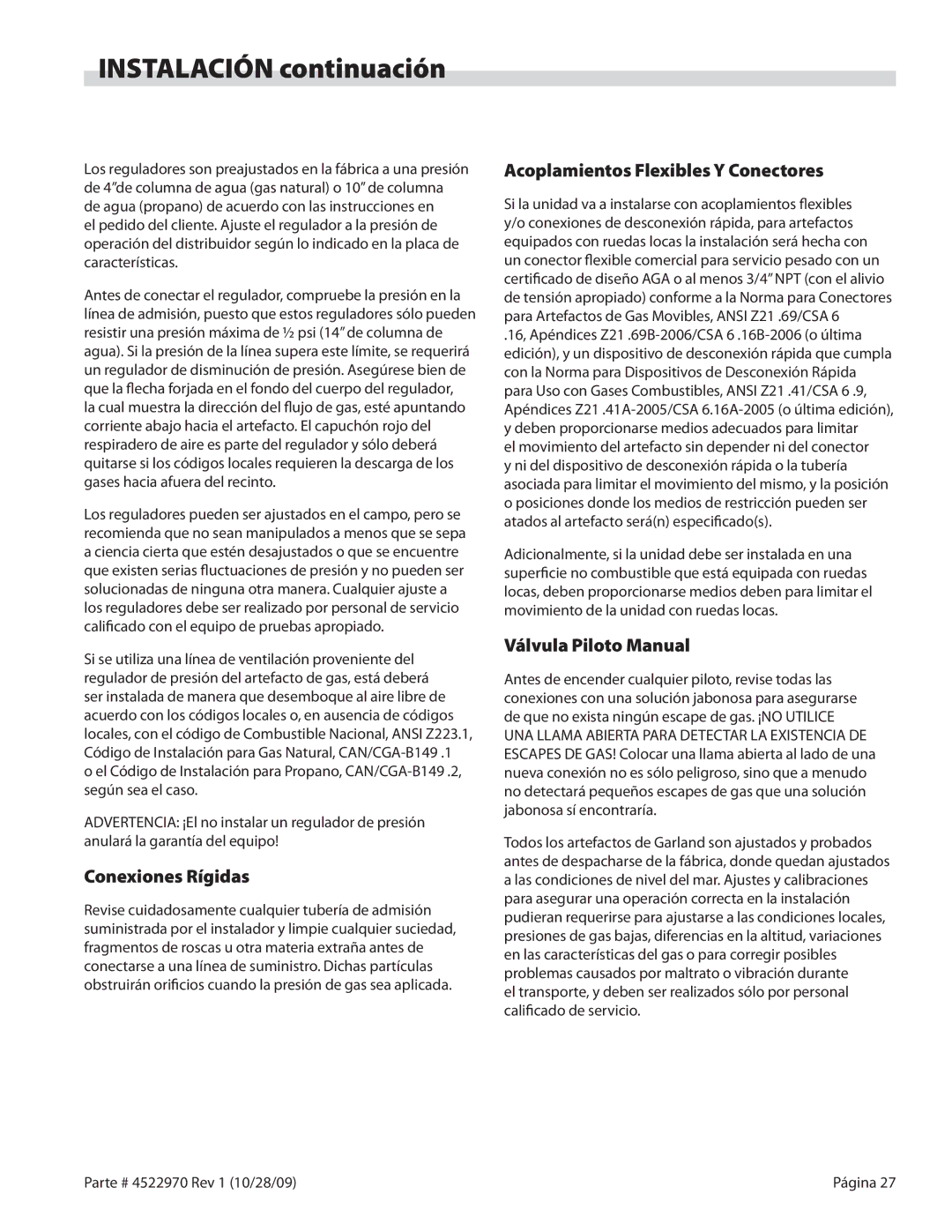 Garland 4522970 REV 1 operation manual Conexiones Rígidas, Acoplamientos Flexibles Y Conectores, Válvula Piloto Manual 