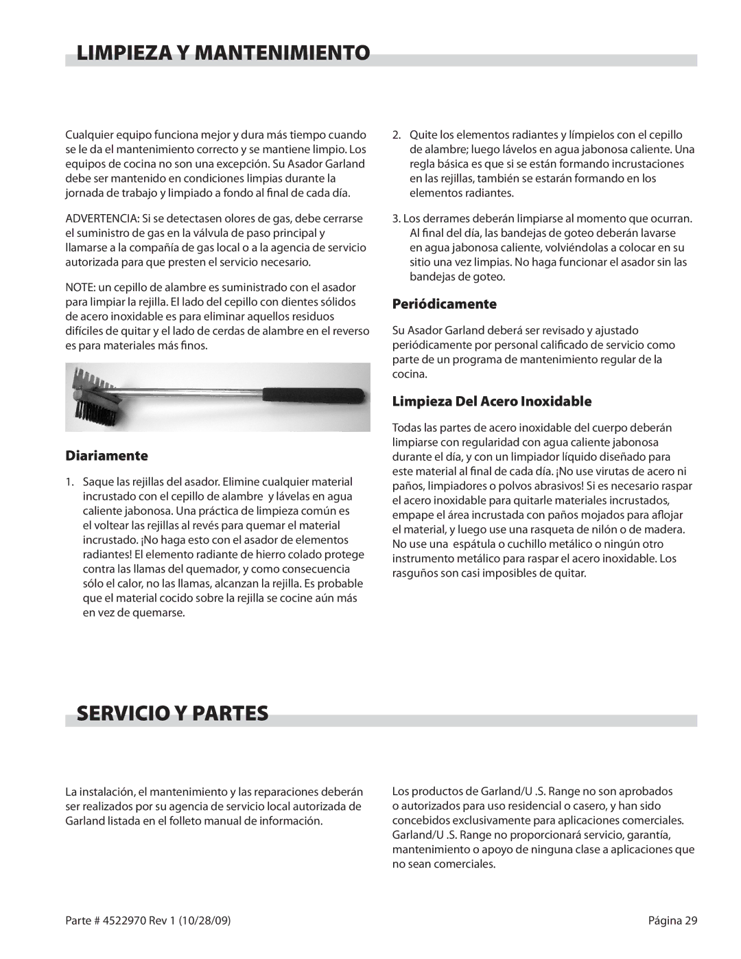 Garland 4522970 REV 1 operation manual Limpieza Y Mantenimiento, Servicio Y Partes, Diariamente, Periódicamente 