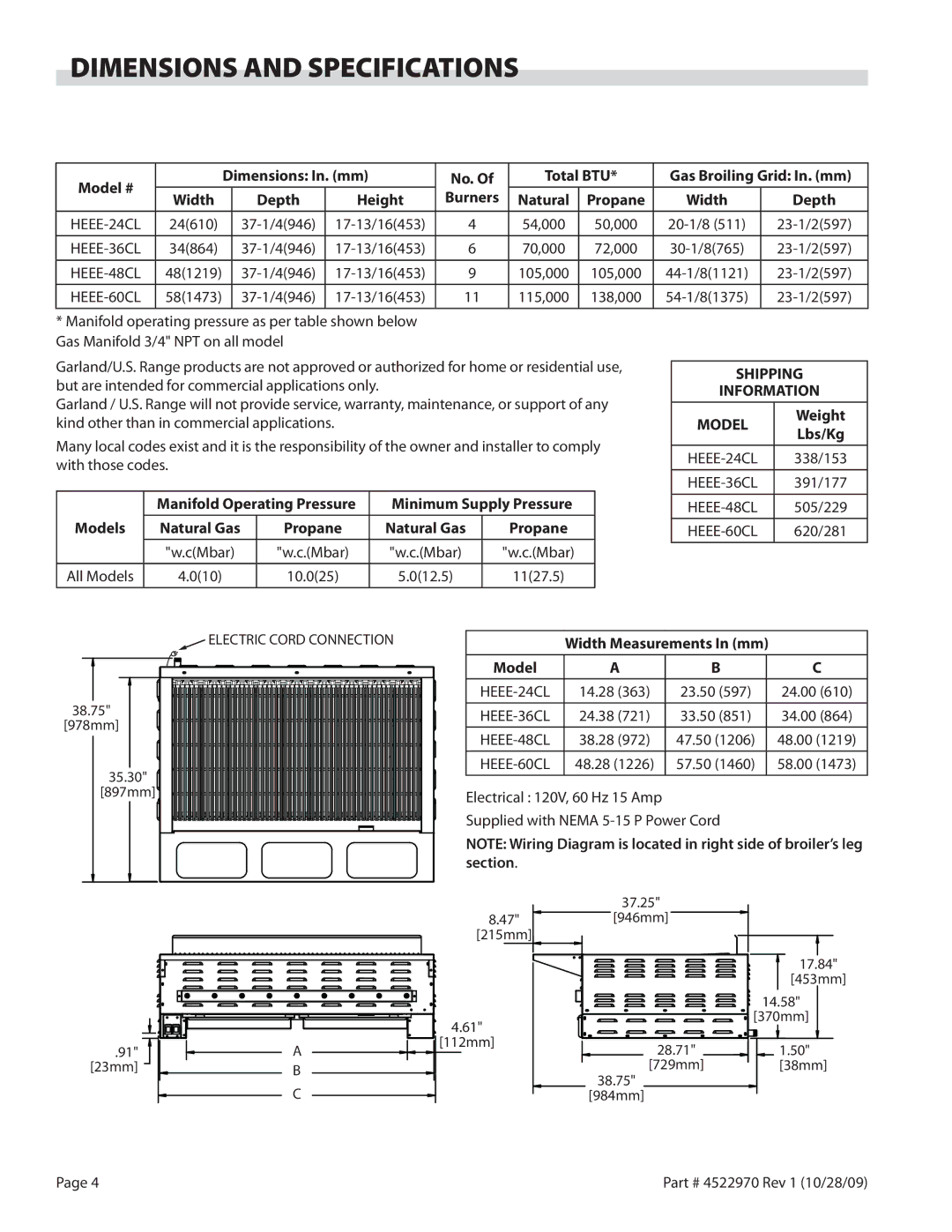 Garland 4522970 REV 1 operation manual Dimensions and Specifications, Shipping Information Model 