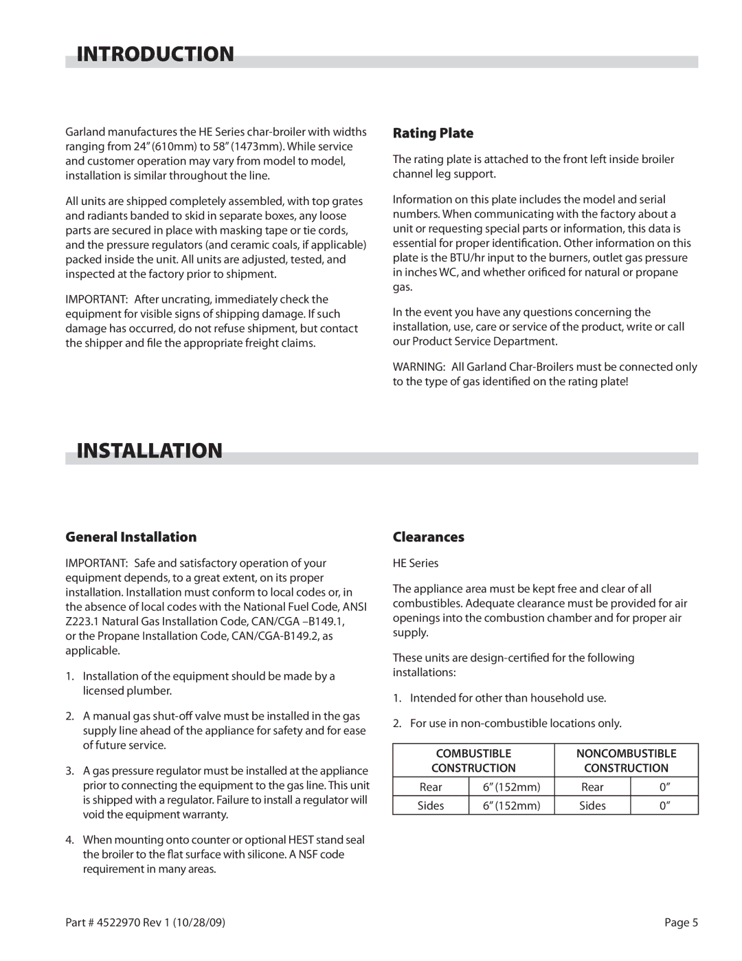 Garland 4522970 REV 1 operation manual Introduction, Rating Plate, General Installation, Clearances 