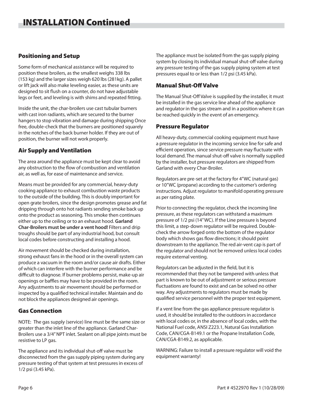 Garland 4522970 REV 1 Positioning and Setup, Air Supply and Ventilation, Gas Connection, Manual Shut-Off Valve 