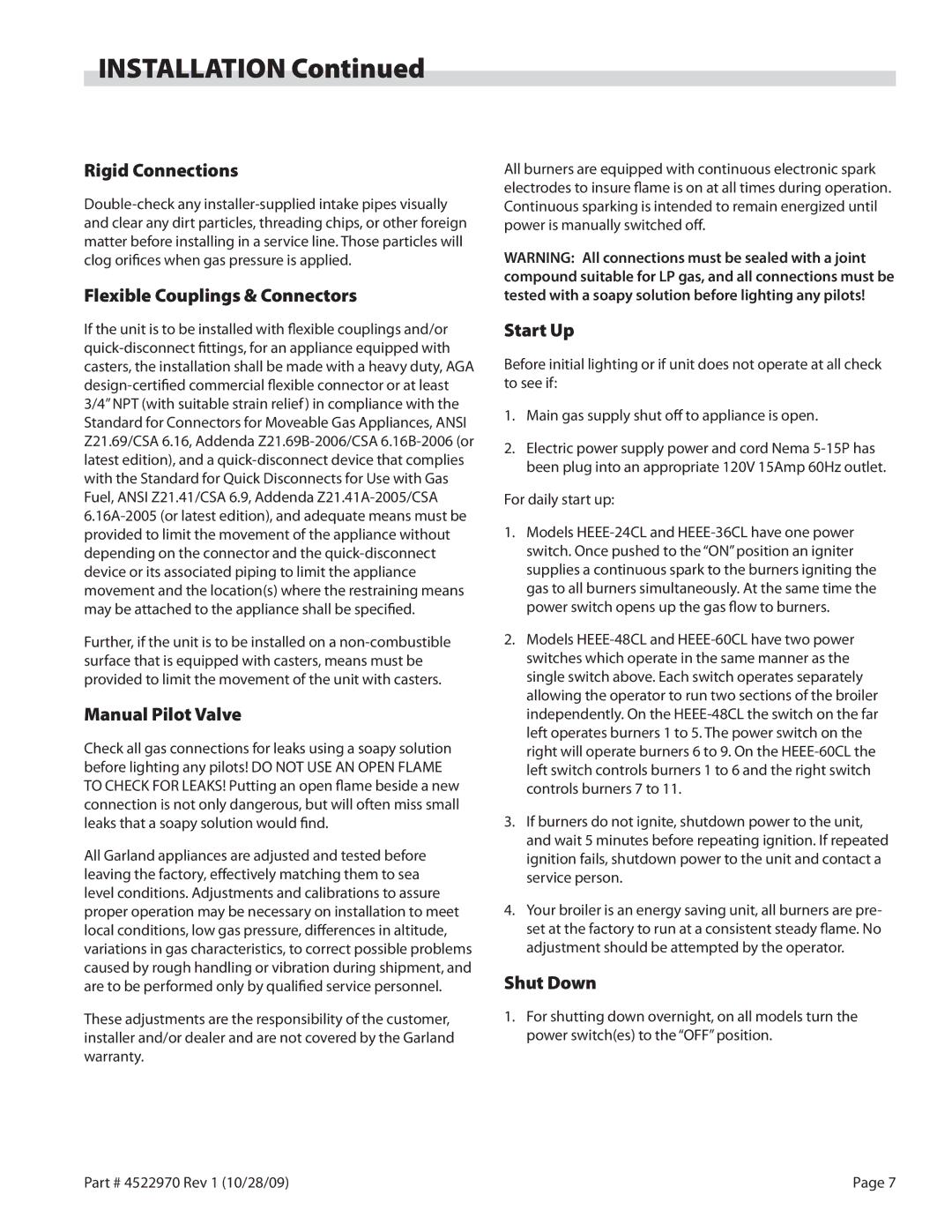 Garland 4522970 REV 1 Rigid Connections, Flexible Couplings & Connectors, Manual Pilot Valve, Start Up, Shut Down 