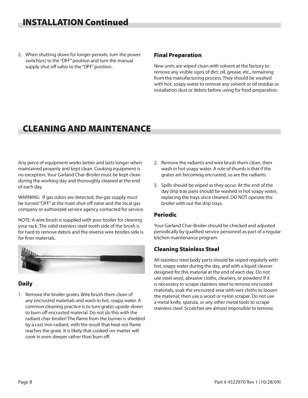 Garland 4522970 REV 1 Cleaning and Maintenance, Final Preparation, Daily, Periodic, Cleaning Stainless Steel 